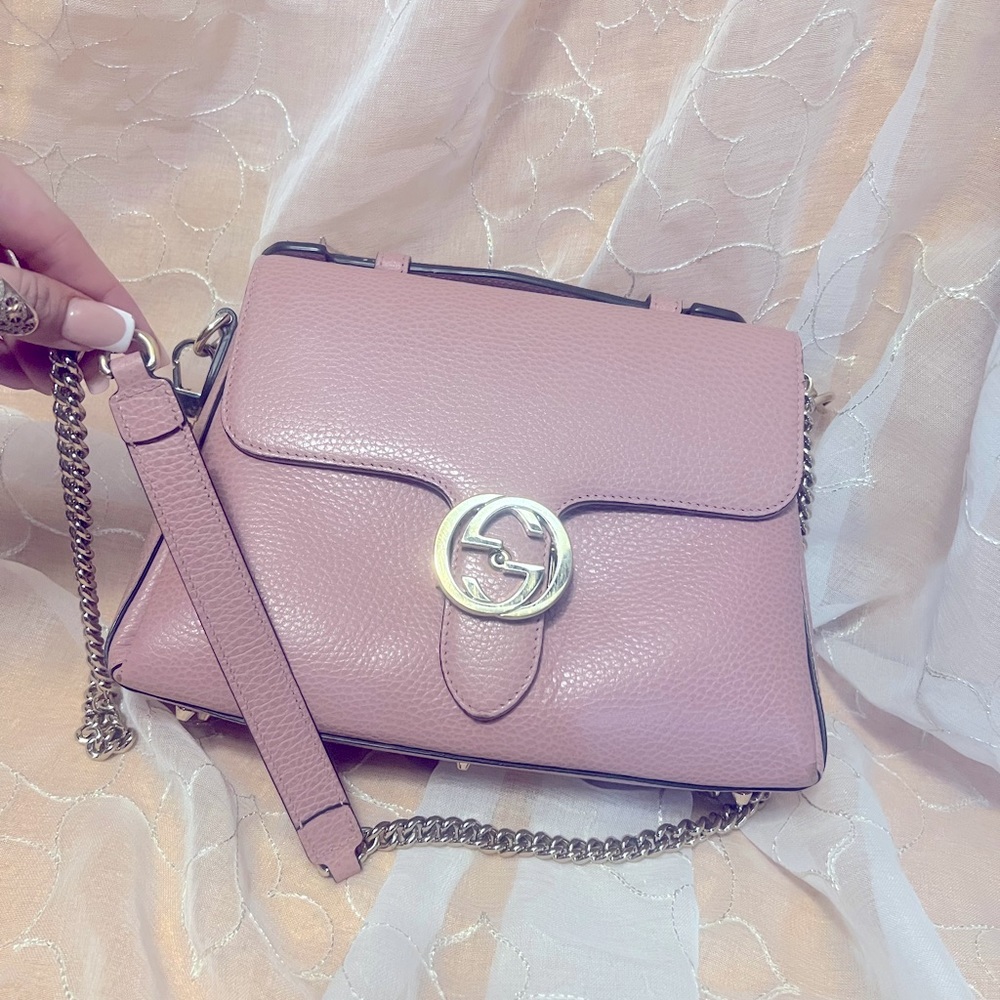 GUCCI Interlocking G 2way Chain Shoulder Hand Bag Leather Pink Gold